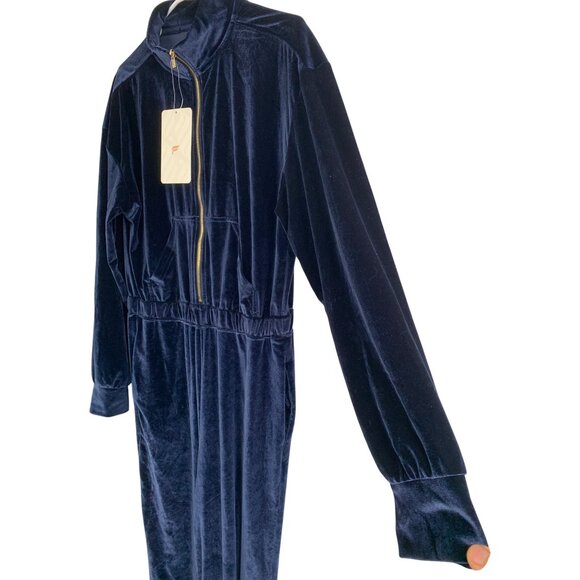 Fabletics Velour Zip-Up Wide Leg Onesie L Navy Jumpsuit RGG10698 NWT Mock Neck - Picture 11 of 13